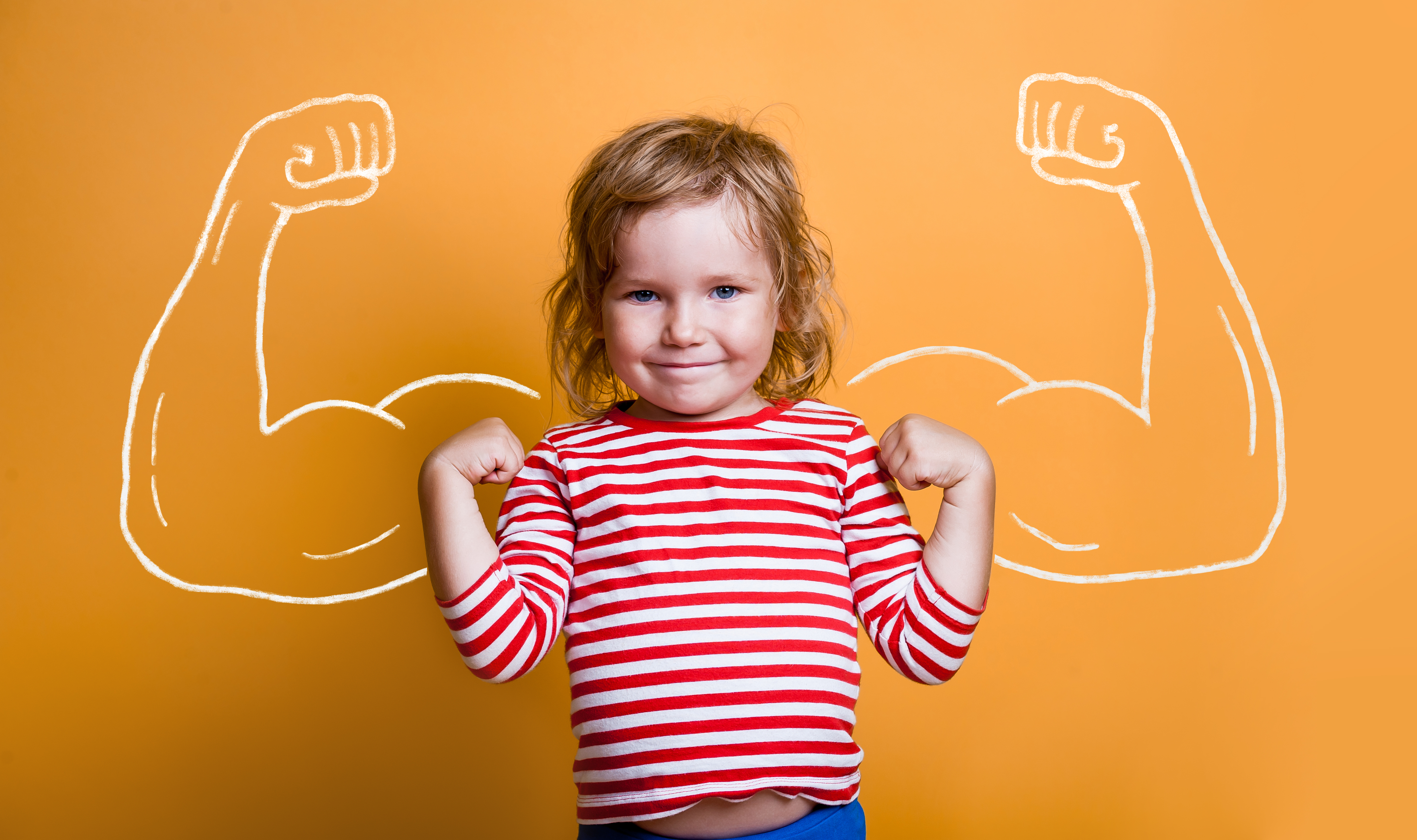 Funny,Strong,Child,With,Muscles,Over,Yellow,Wall.,Nerd,Kindergarten